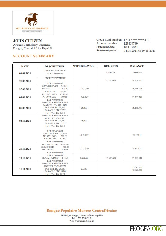 Modèle de relevé bancaire de la République Centrafricaine Banque Populaire Maroc Centrafricaine au format Word et PDF